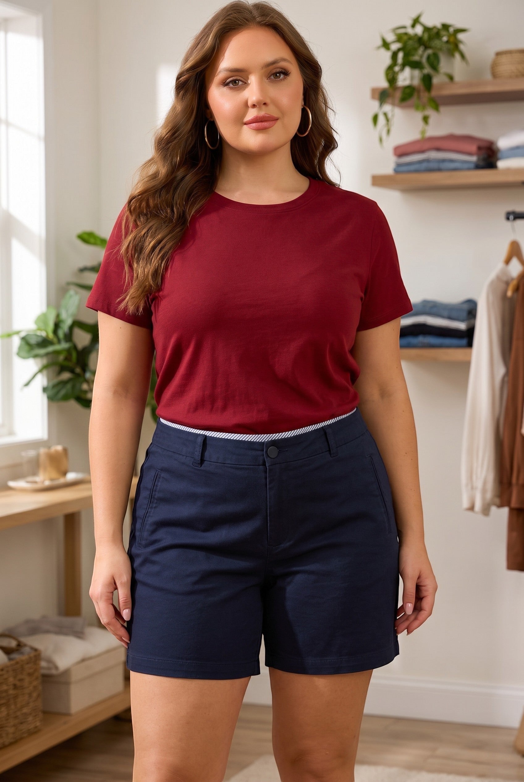 Somethinguluv3 navy blue cotton chino shorts with a 6-inch inseam worn by a model in a bright studio setting
