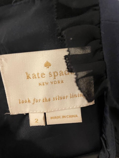 Somethinguluv3 navy blue fit and flare dress with ruffled neckline and velvet bow detail, size 2.