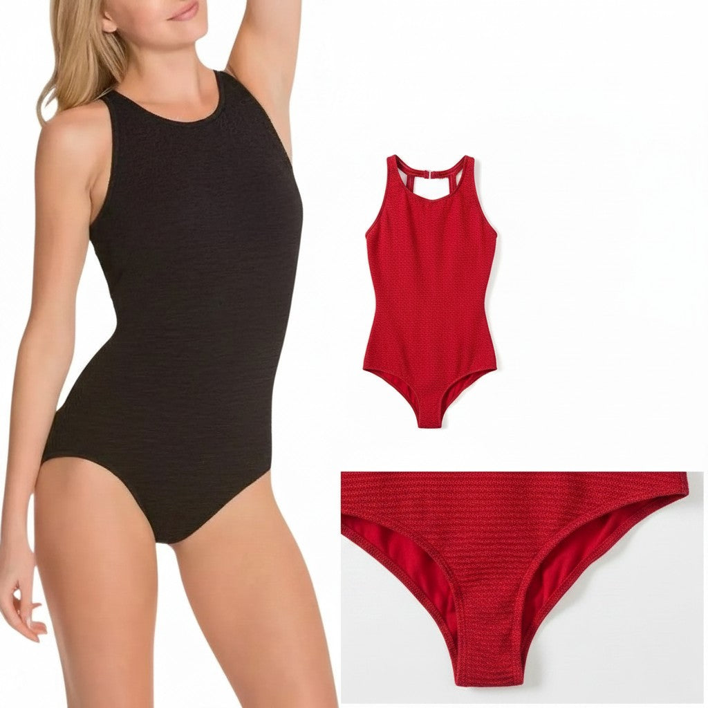 Somethinguluv3 Penbrooke red popcorn texture active one-piece swimsuit with high neck and cutout back detail.