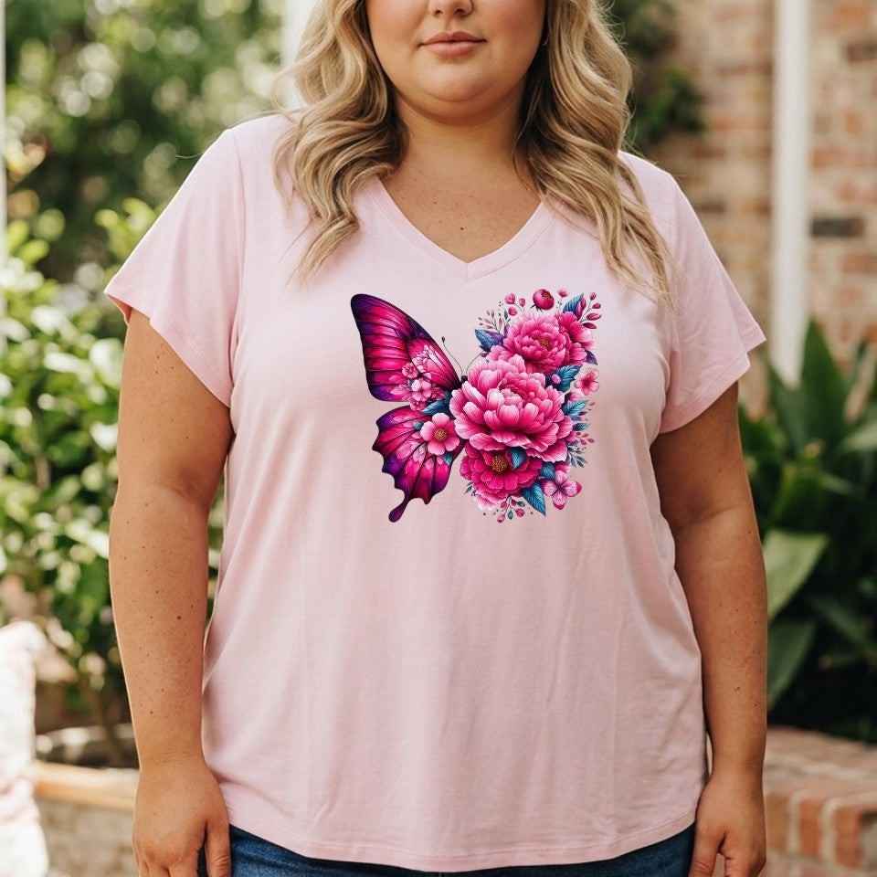 Somethinguluv3 plus size light pink cotton v-neck t-shirt with a vibrant butterfly and floral graphic print