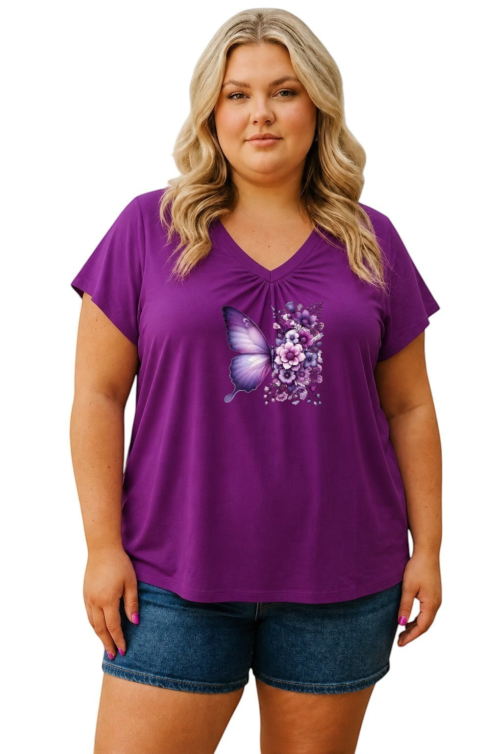 Somethinguluv3 plus size purple V-neck T-shirt with a butterfly and floral graphic print on soft cotton fabric.