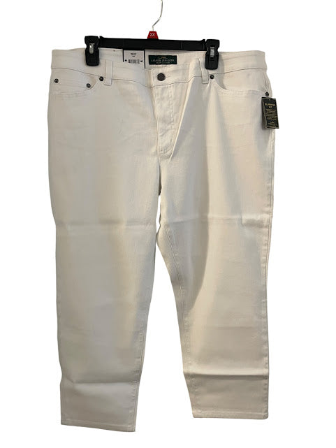 Somethinguluv3 Ralph Lauren Jeans Company white cropped straight leg jeans with tags attached on a hanger.