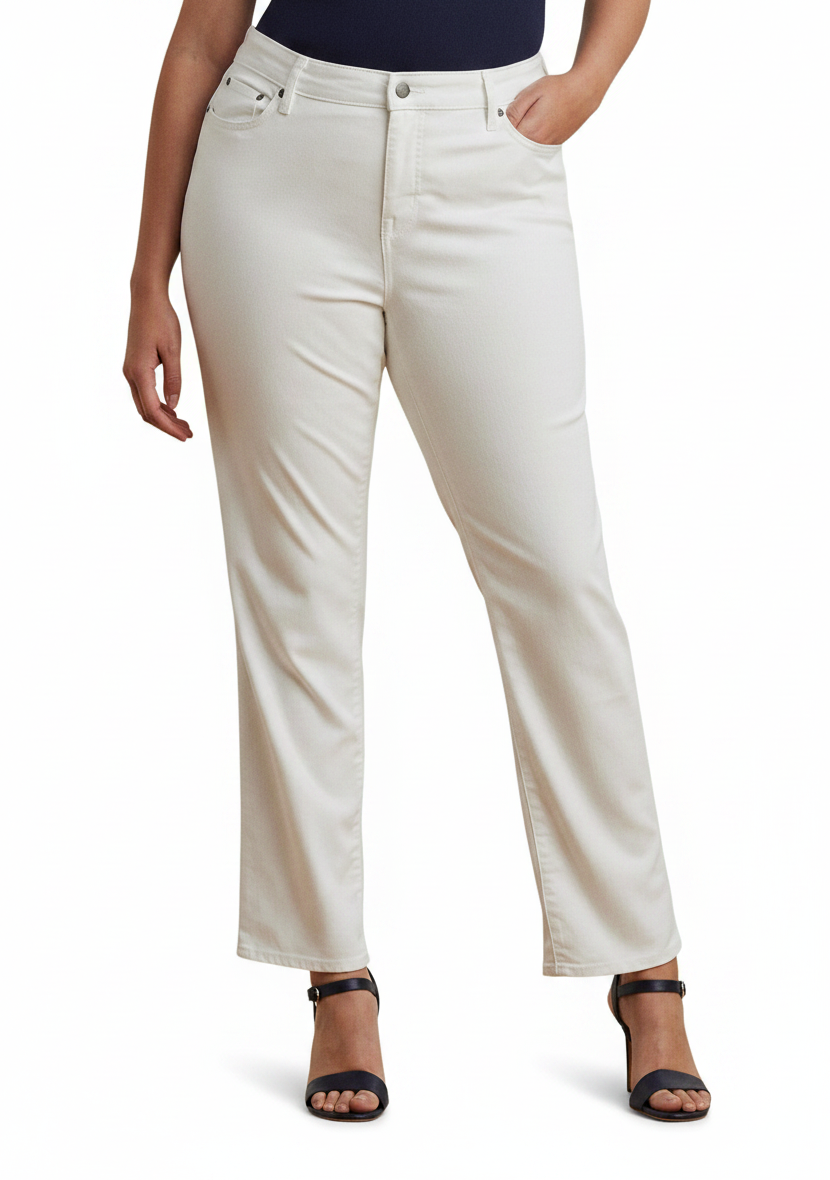Somethinguluv3 Ralph Lauren Jeans Company white cropped straight leg jeans worn by a model with black sandals