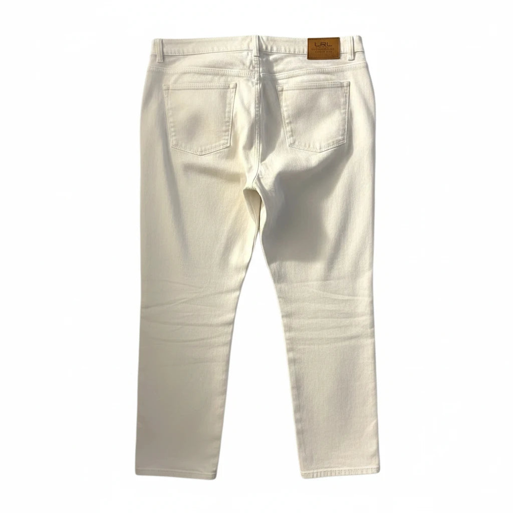 Somethinguluv3 Ralph Lauren Jeans Company white straight leg cropped jeans with tan leather back waist patch