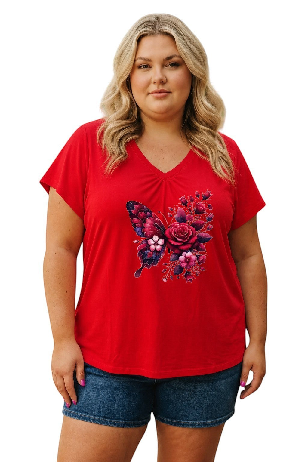 Somethinguluv3 red short sleeve V-neck cotton t-shirt with a vibrant butterfly and floral graphic print on a model