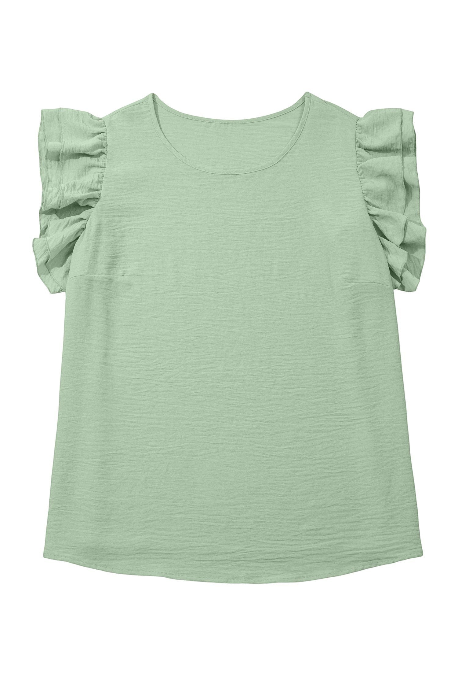 Somethinguluv3 plus size sage green blouse with a round neck and layered flutter sleeves in a casual textured fabric.