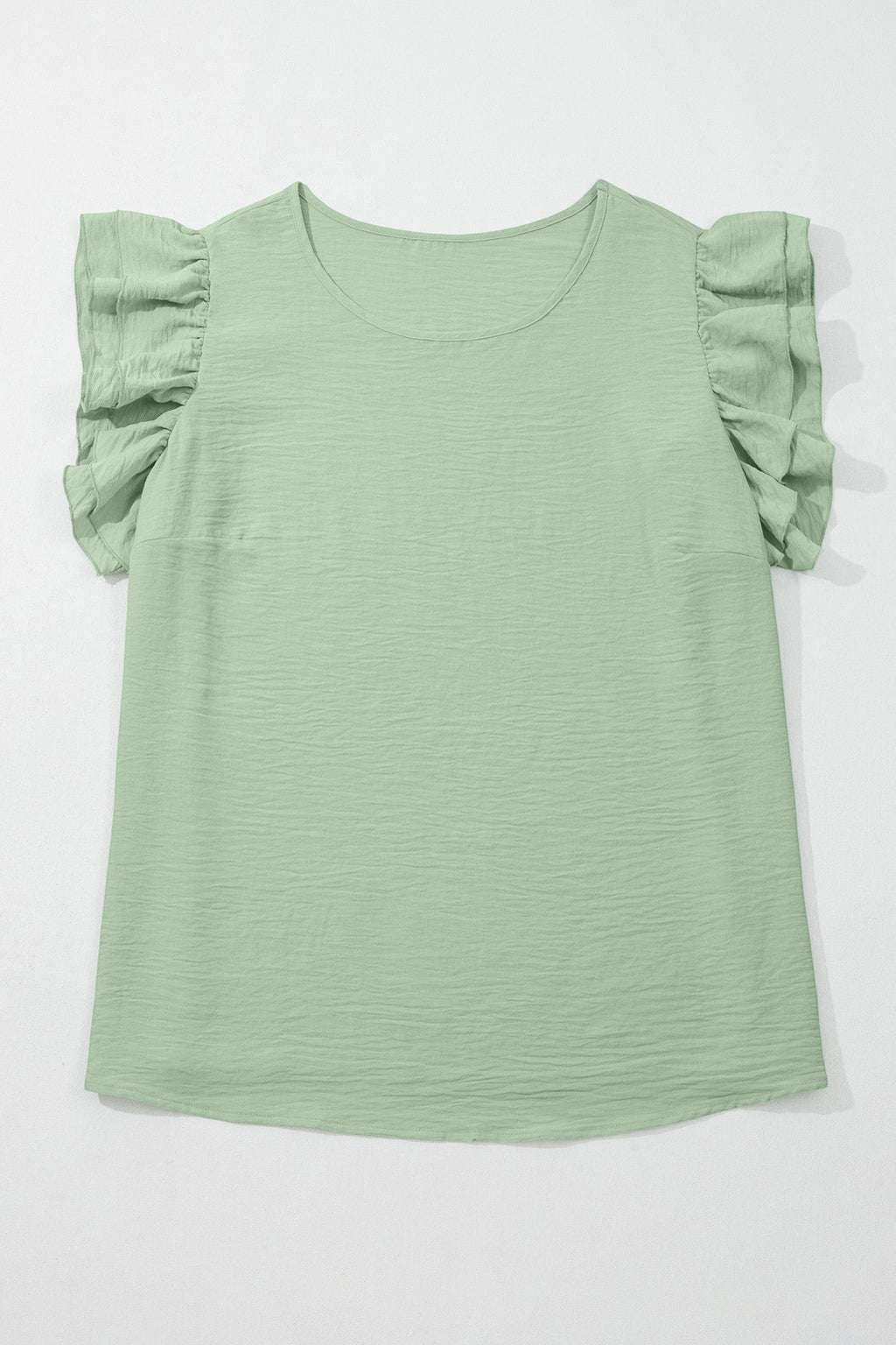 Somethinguluv3 plus size sage green blouse with a round neck and layered flutter sleeves in a textured fabric.
