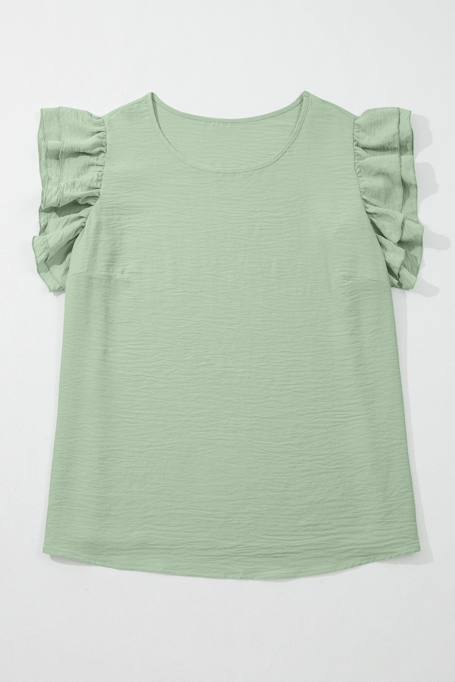 Somethinguluv3 plus size sage green blouse with a round neck and layered flutter sleeves in a textured fabric.