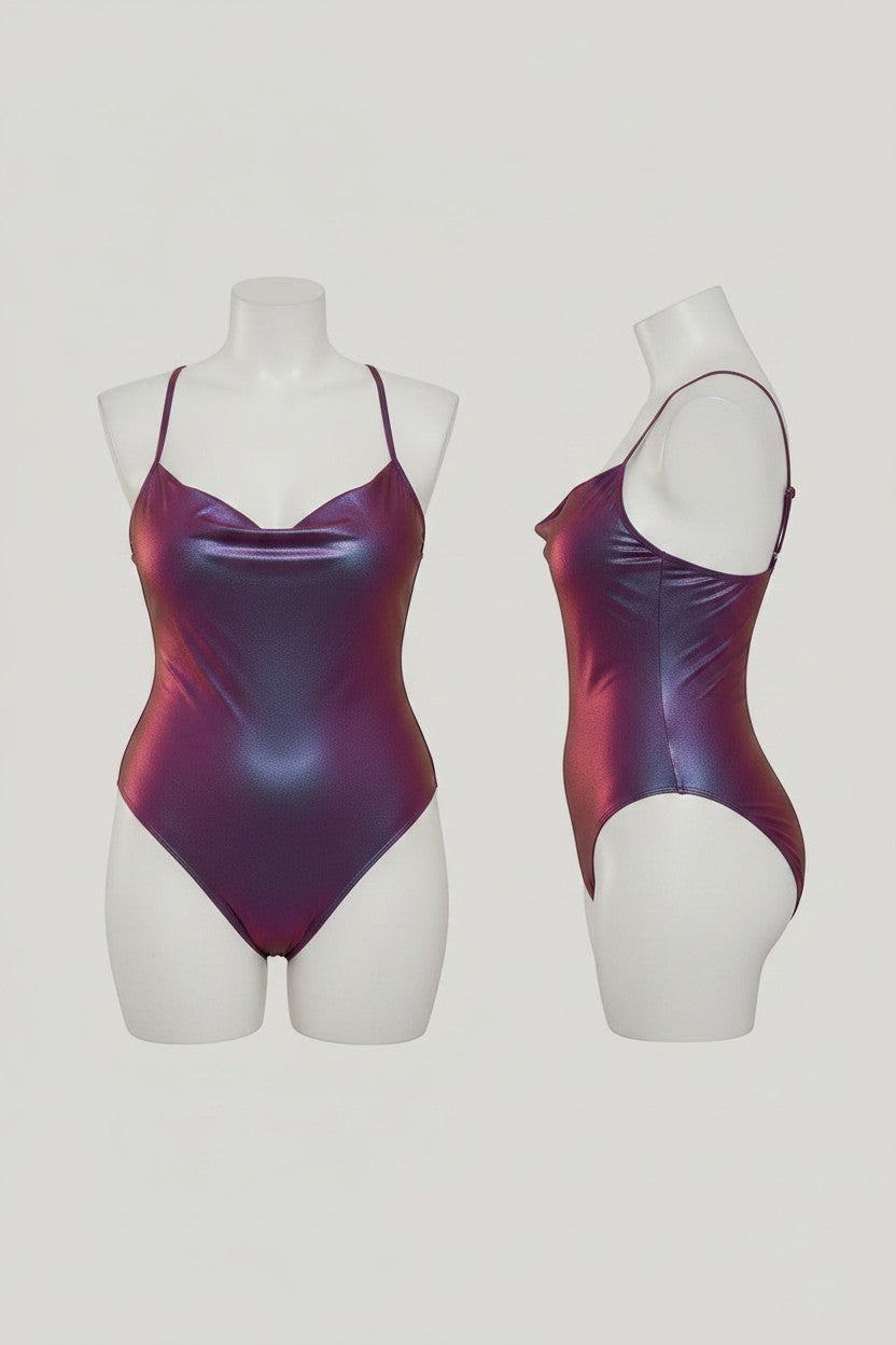 Somethinguluv3 shimmering metallic one-piece swimsuit in purple and blue with a cowl neckline and high-cut leg design.