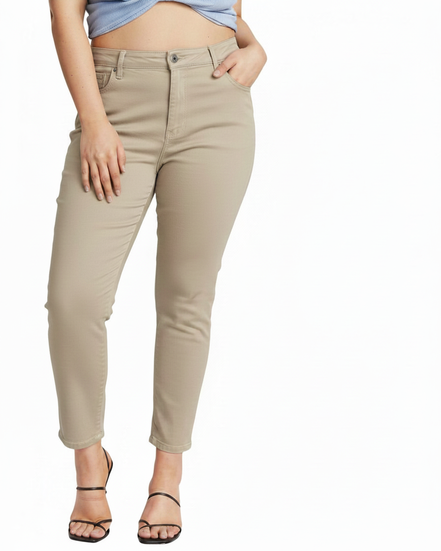 Somethinguluv3 high rise ankle length mom jeans in soft taupe cotton blend with a relaxed fit and five-pocket design.