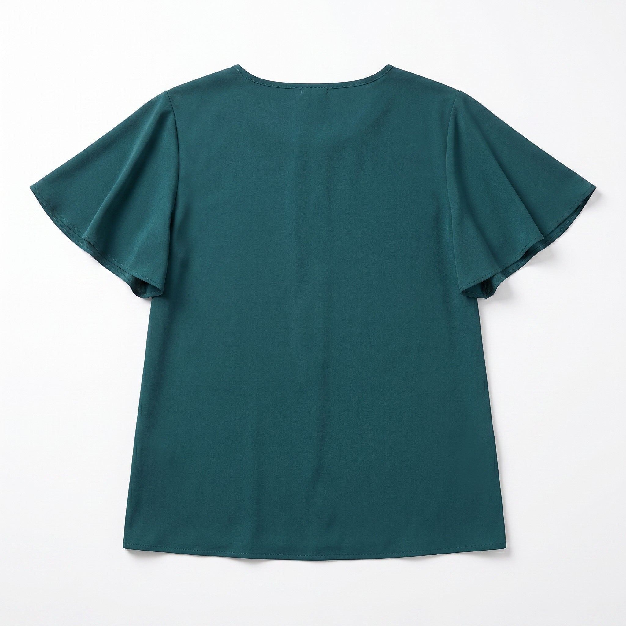Somethinguluv3 teal blouse with flutter sleeves and a round neck, shown from the back on a white background.