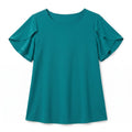 Somethinguluv3 teal round neck blouse with flutter sleeves in a soft, textured fabric for a relaxed, feminine fit.