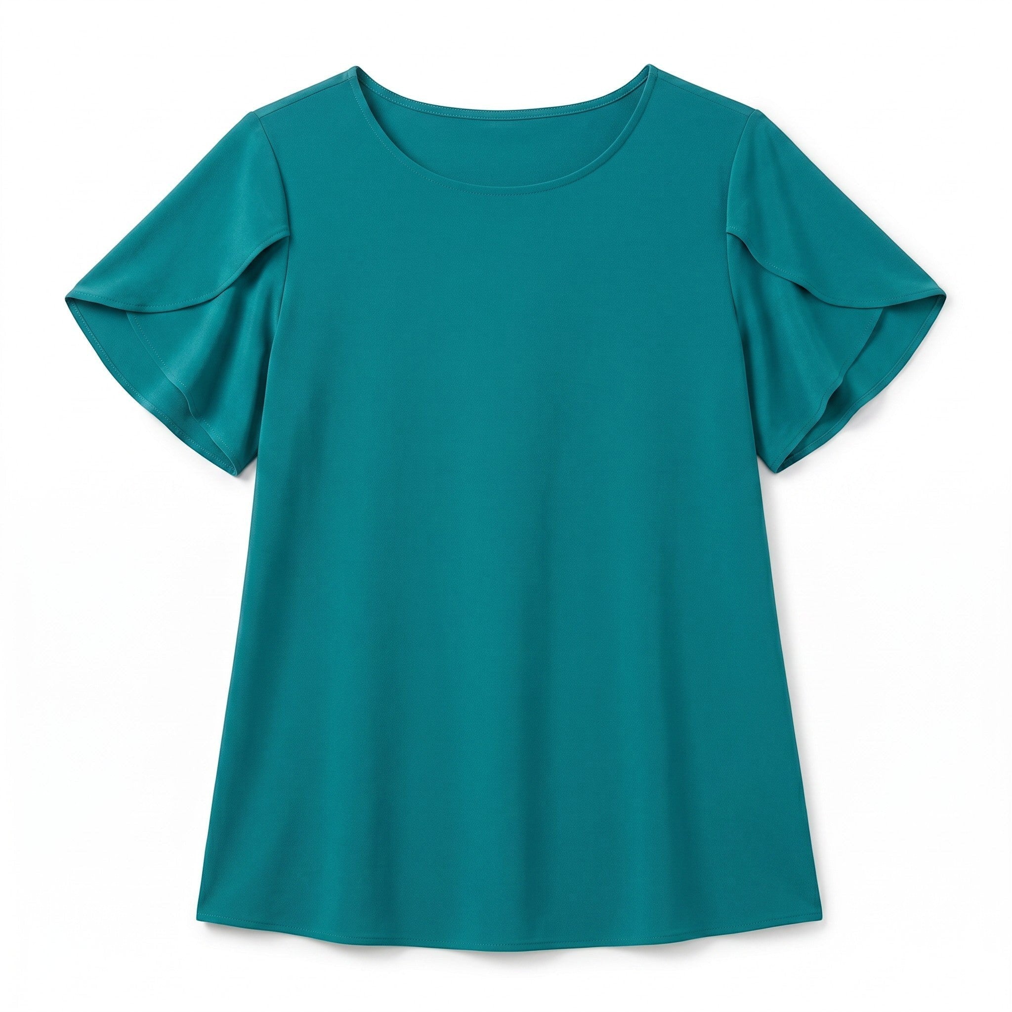 Somethinguluv3 teal round neck blouse with flutter sleeves in a soft, textured fabric for a relaxed, feminine fit.