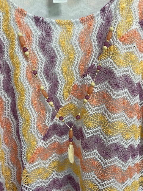 Somethinguluv3 Alfred Dunner tunic top featuring a yellow, orange, and purple wavy chevron knit with beaded necklace
