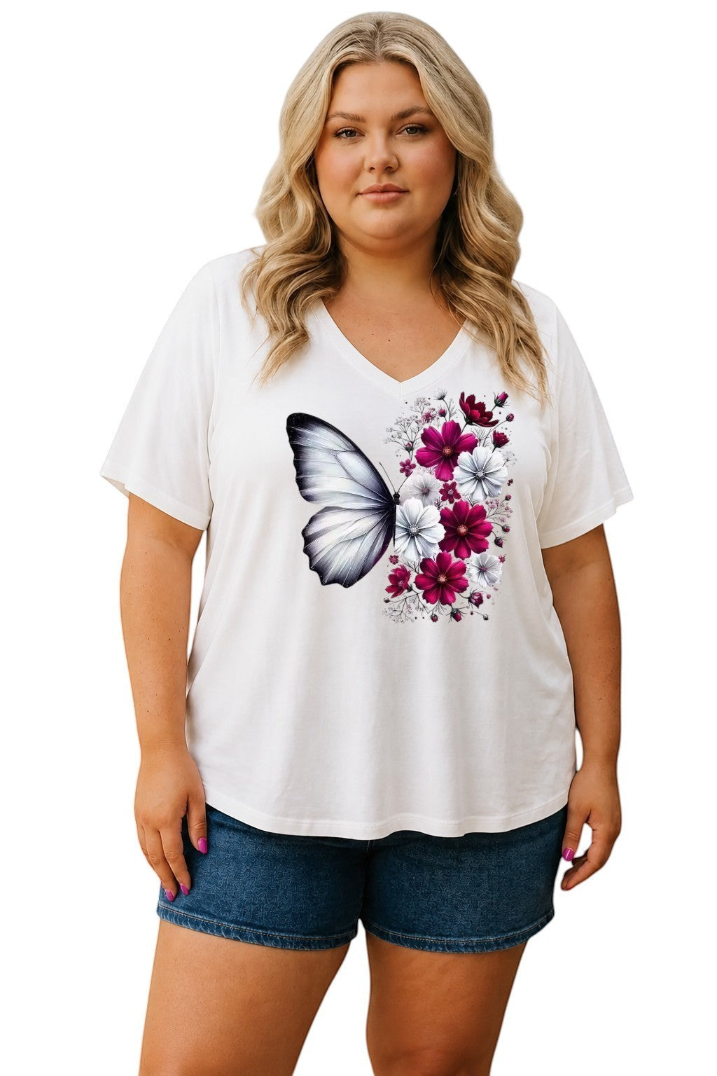 Somethinguluv3 Woman Within white cotton v-neck t-shirt featuring a vibrant butterfly and floral graphic print.