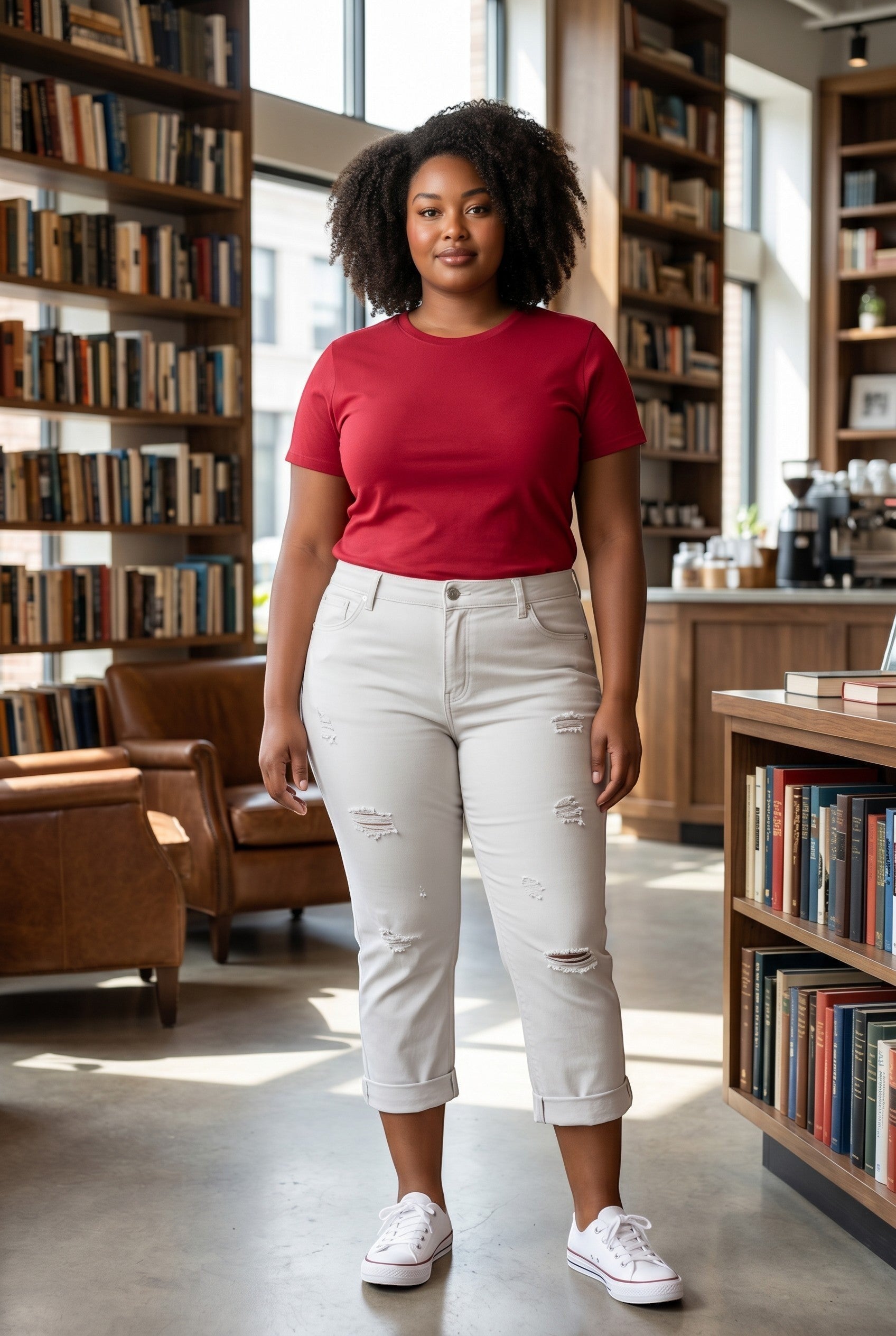 Somethinguluv3 white distressed cropped denim pants worn by a woman with a red t-shirt and white sneakers in a library