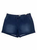 Somethinguluv3 dark denim stone washed knit pull-on shorts with mid rise, drawstring waist, and side pockets.