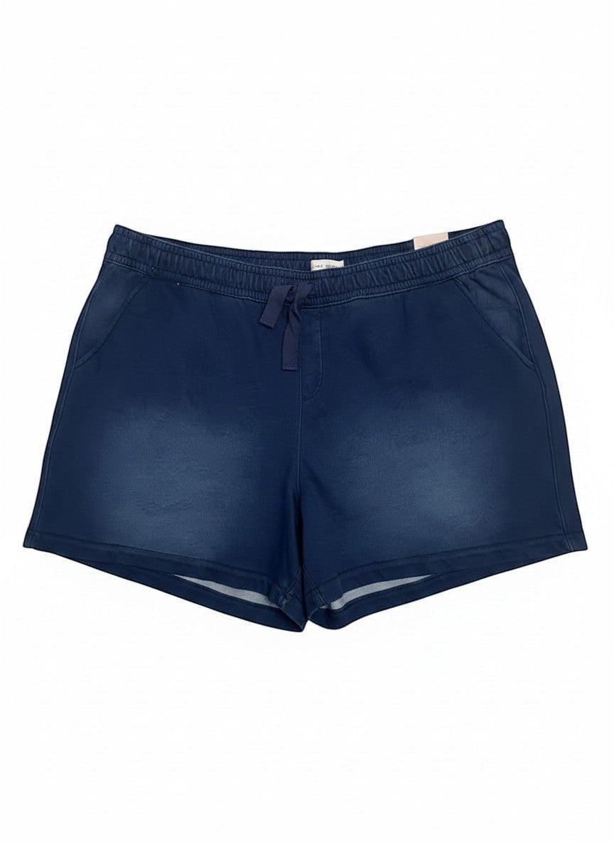 Somethinguluv3 dark denim stone washed knit pull-on shorts with mid rise, drawstring waist, and side pockets.