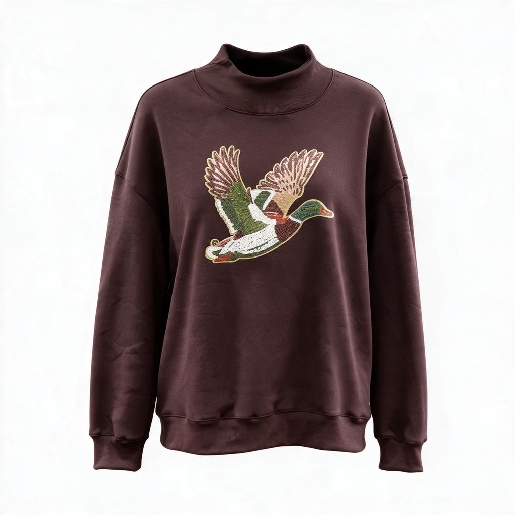 Mallard Duck Sequin Patch Mock Neck Sweatshirt